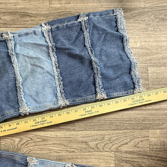 Ragged Jeans Patchwork Denim Maxi Skirt Size 30 Blue Two Tone Frayed Panels - Picture 8 of 9